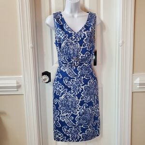 Tahari ASL- Blue and White Floral- Midi Dress With Belt Accent